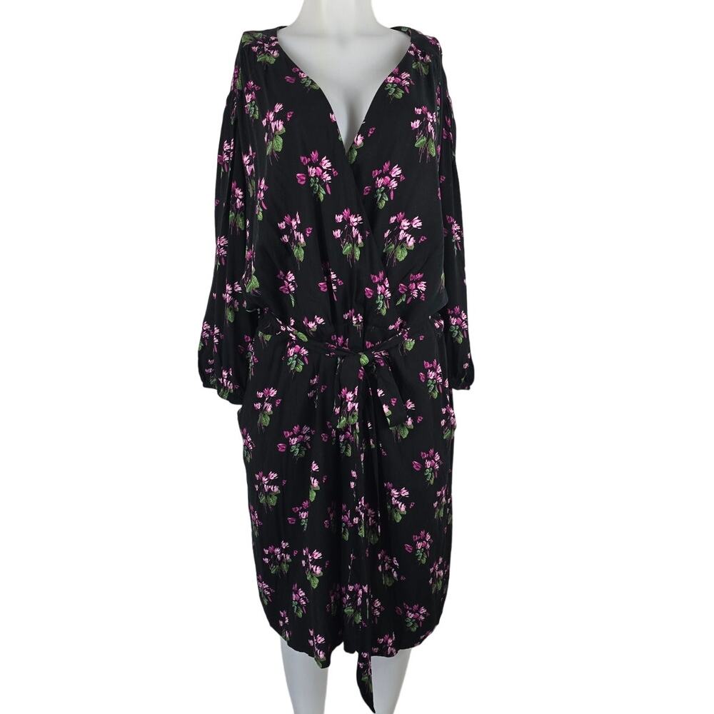 Lane Bryant Black Pink Floral Puff Sleeve Belted Pockets Romper Women's 24